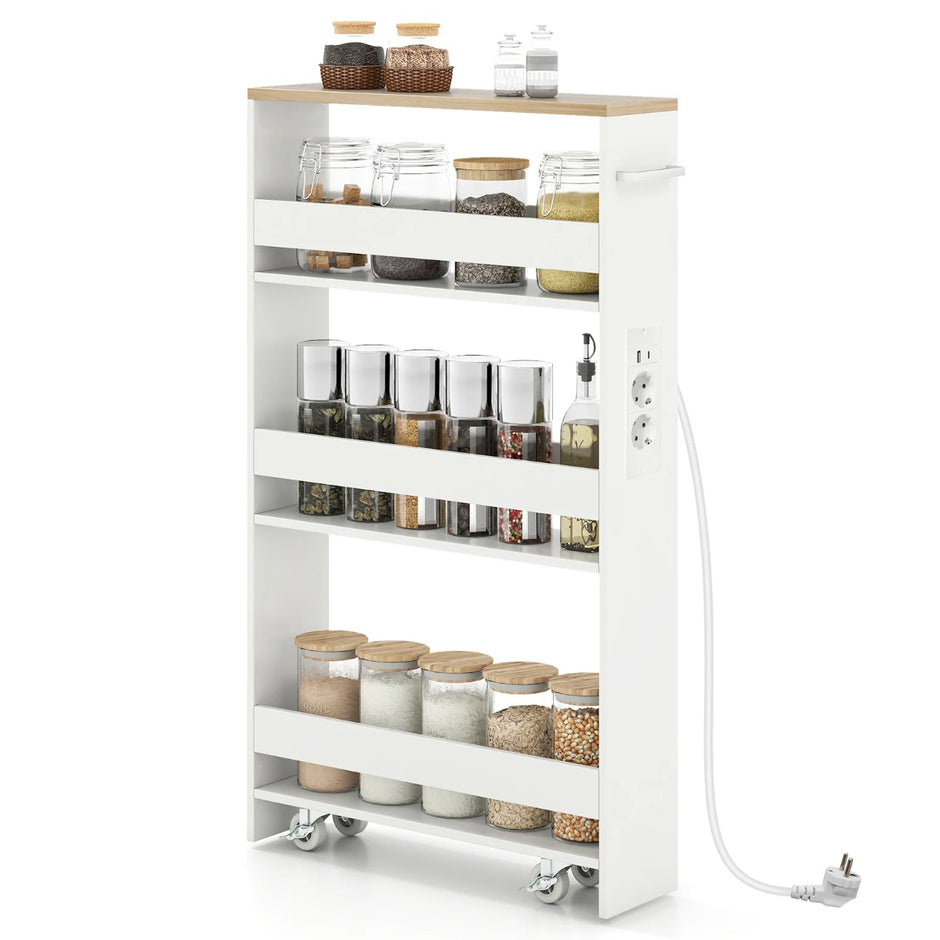 Smal – förvaringsvagn med laddningsstation stegs rullbar köksvagn handtag + – 4 13 cm – Natur + vit