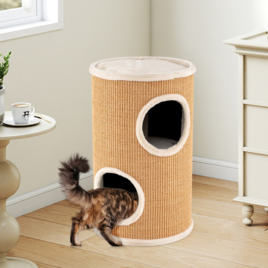 Klösburk – med sisal klösbräda och kattgrottor plyschbädd Kattburk – 3 Ø 36 cm – Beige