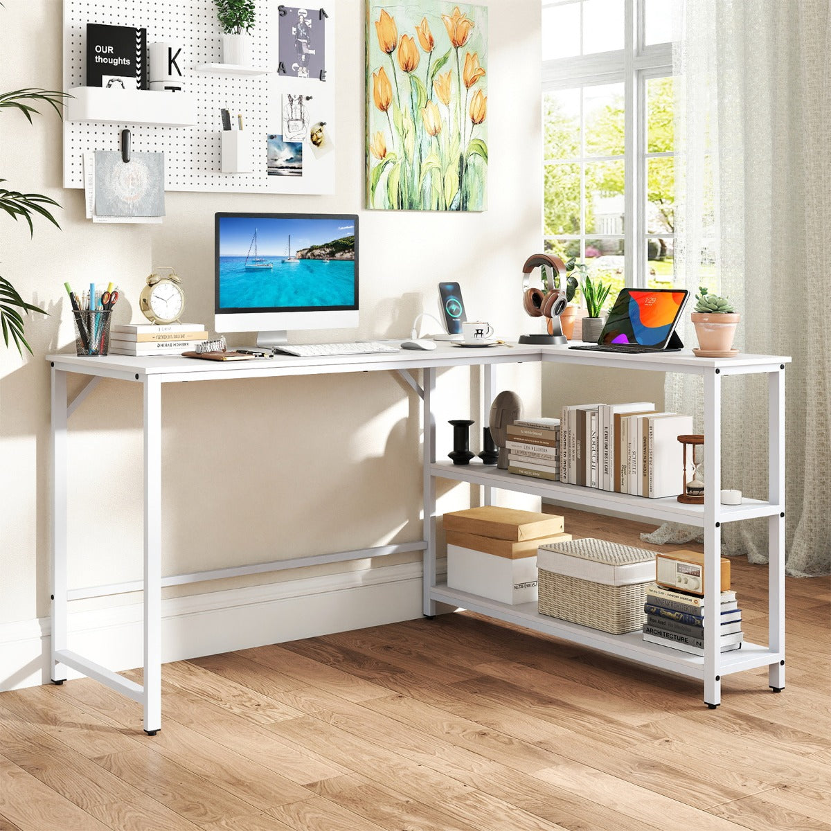L – formad Skrivbord Databord med Laddningsstation och Förvaringsfack modern Gamingbord – Vit