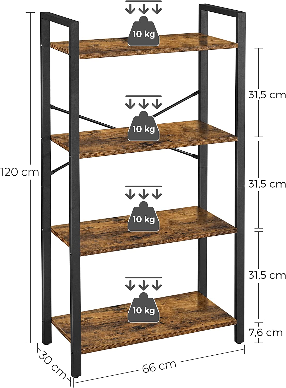 Bücherregal - 4 Level - Lagerregal mit Stahlrahmen - 120 cm hoch - braun/schwarz