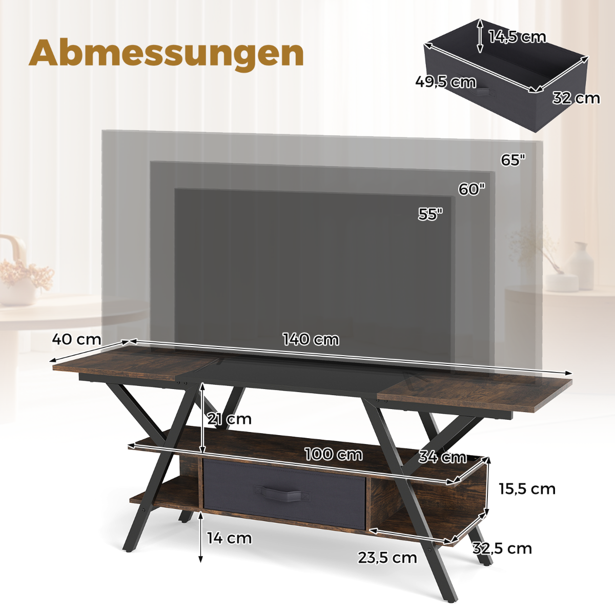 TV ställ – för tums nivå underhållningscenter med LED lampor, rustik – 65 3 – Brun
