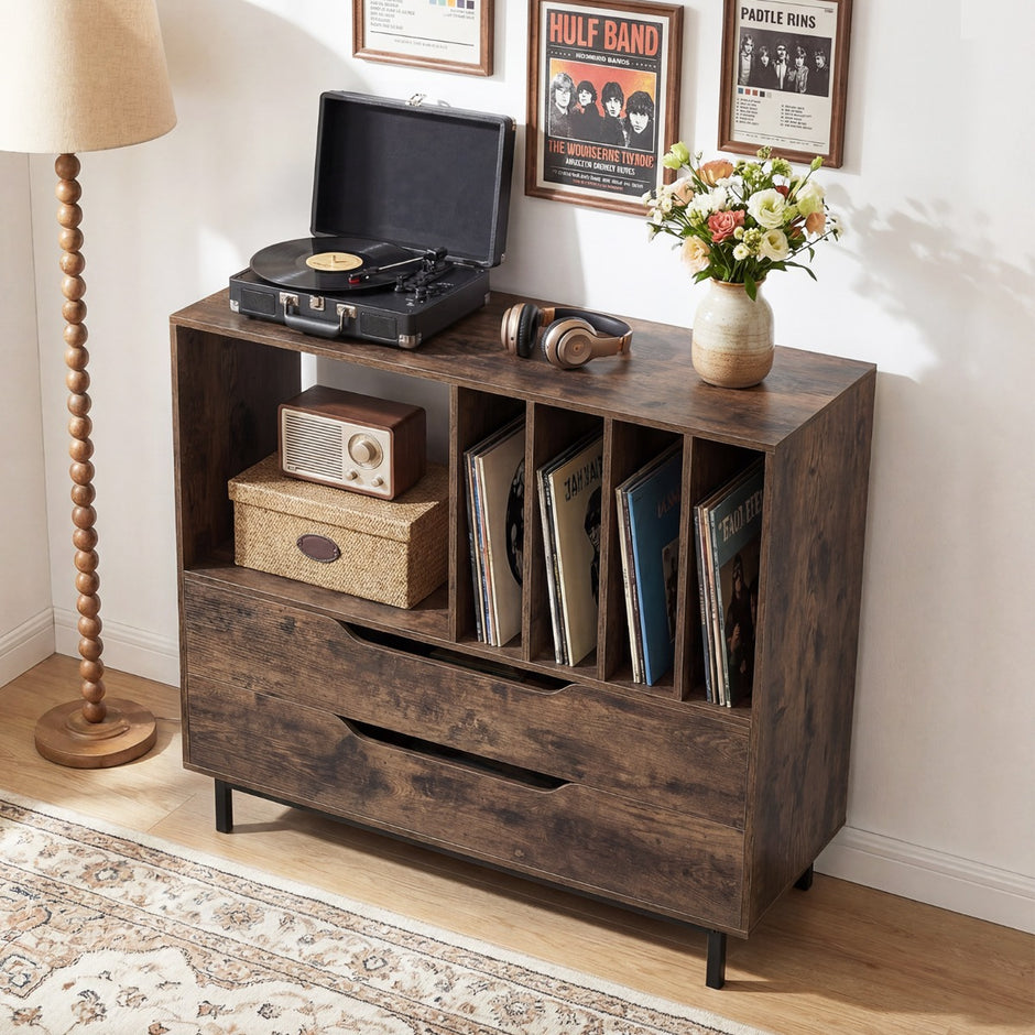 Skivspelare – med vinylfack och lådor Retro vinylhållare – 4 2 – Rustik brun
