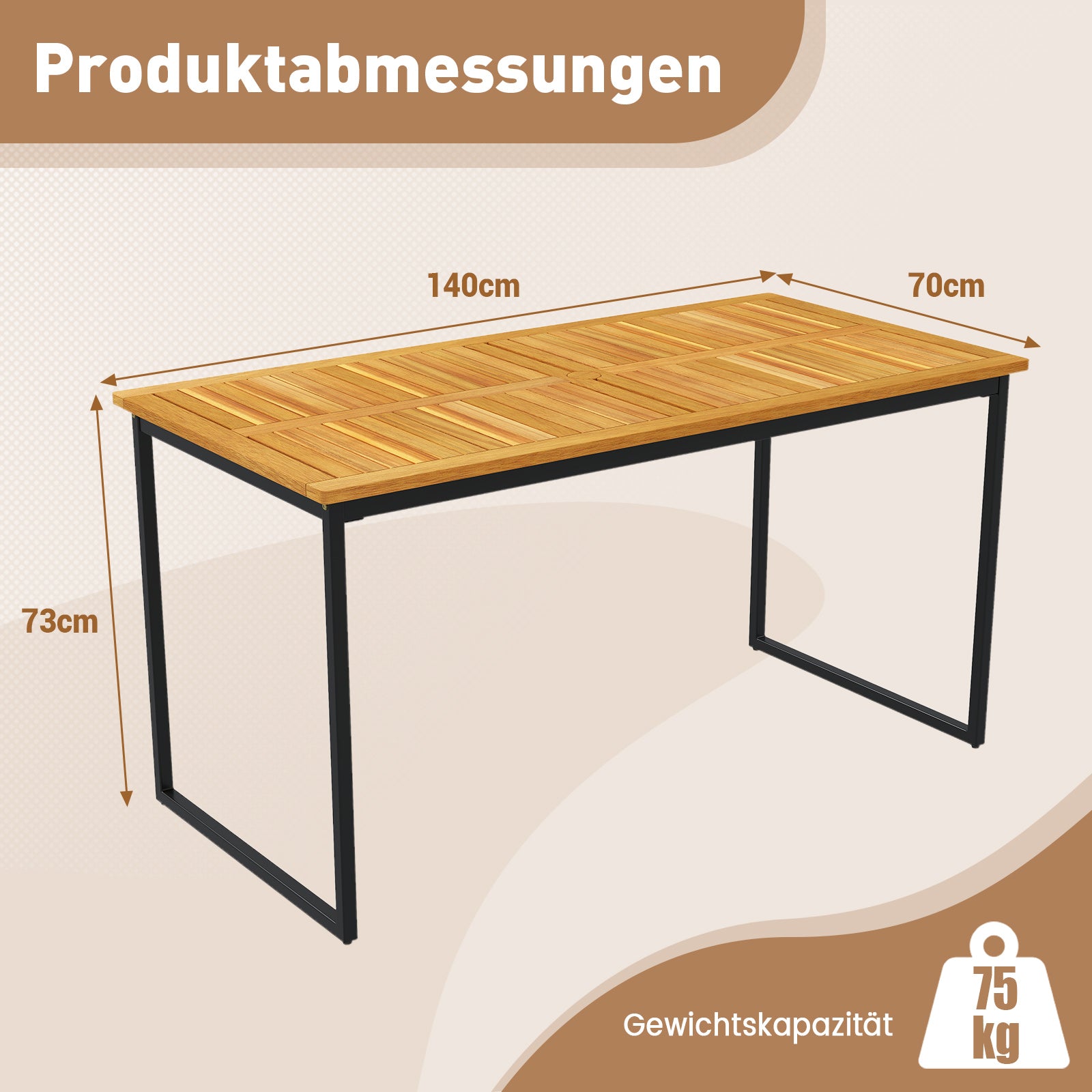 Akacieträds – matbord för personer rektangulärt terrassbord med ribbotten metallram och parasollhål – 6 140 x 70 x 70 cm – Natur