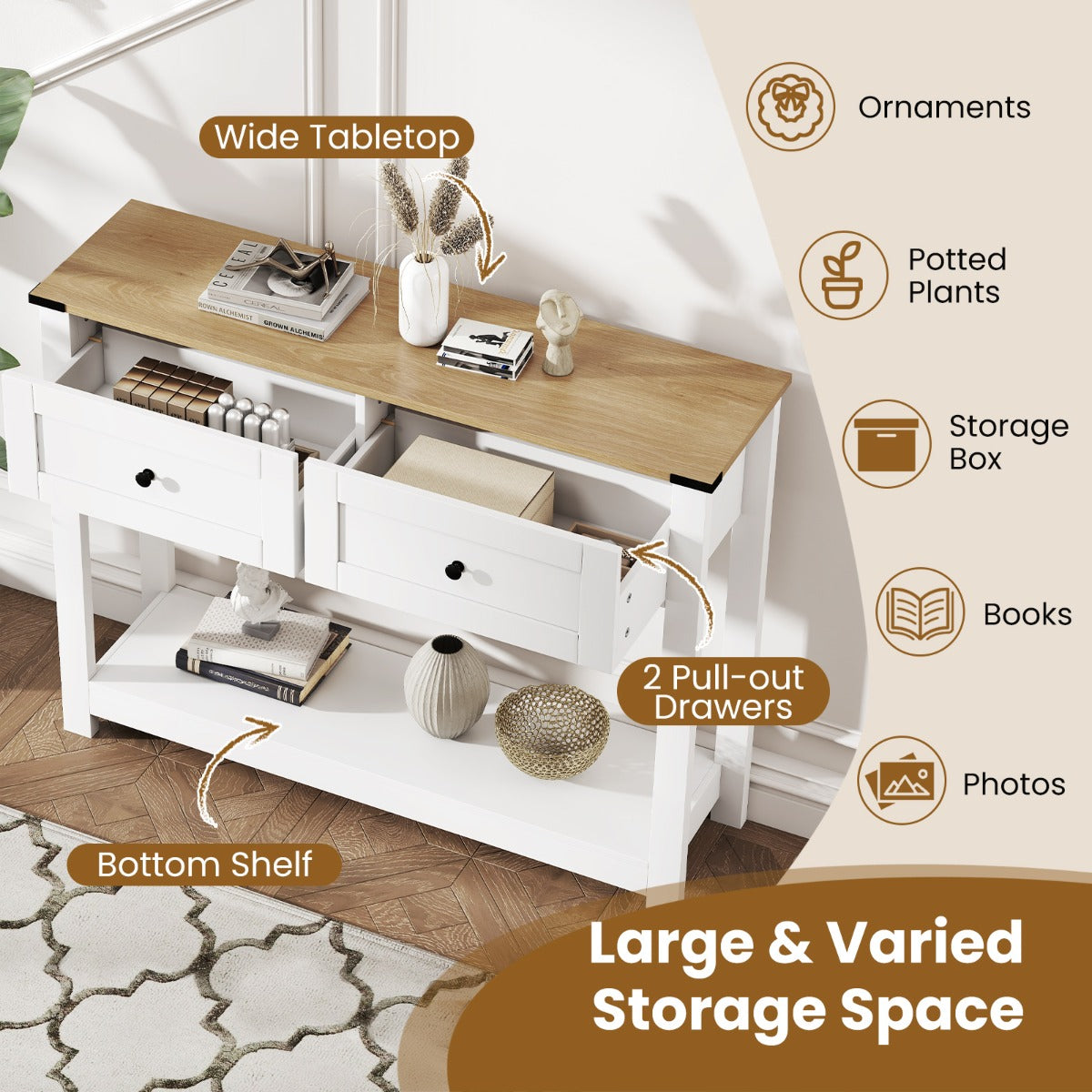 Konsolbord – med lådor och hylla Smalt sidobord Modern entrébord Vitt – 2 – Vit