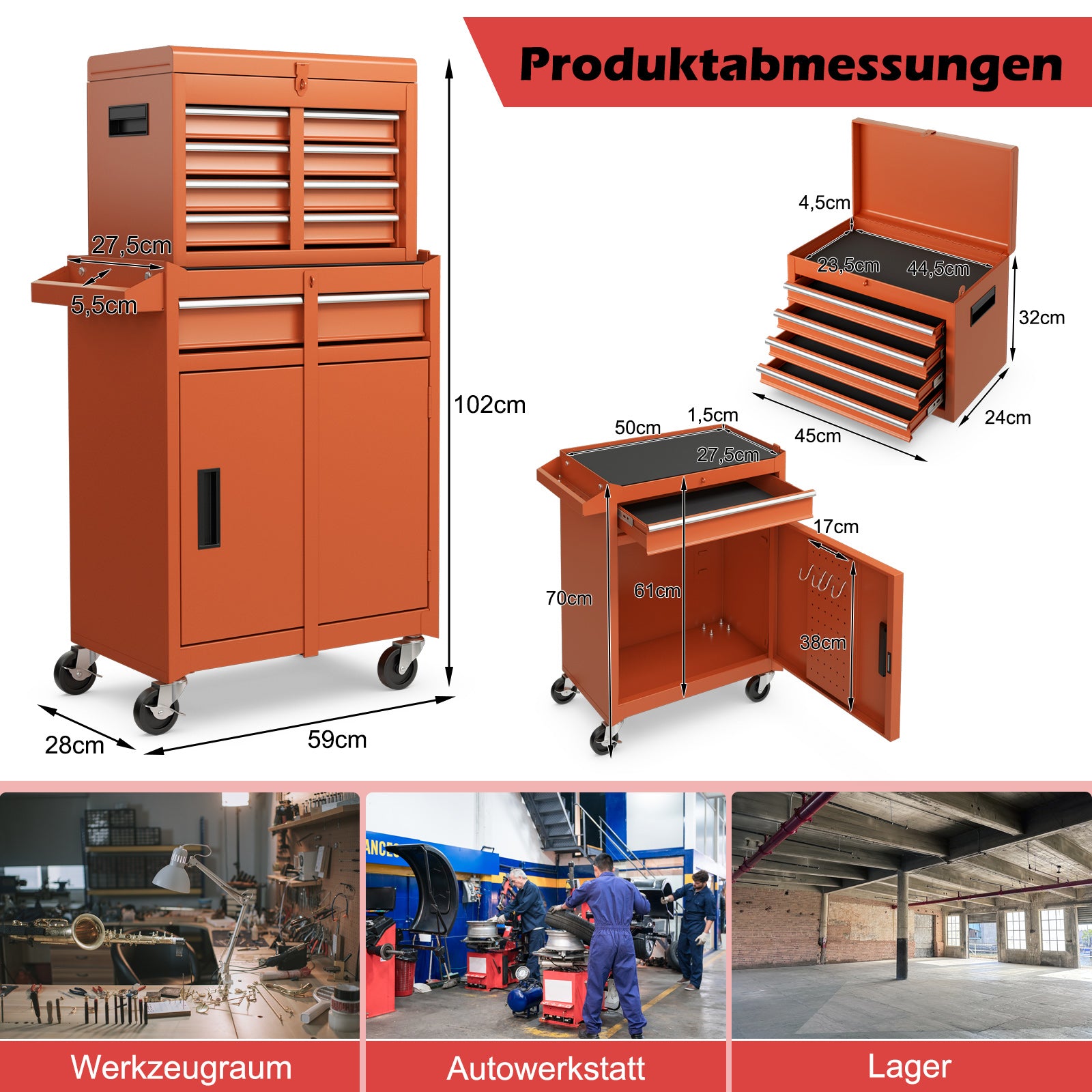 i – verkstadsvagn med låda och fack krokar justerbar hylla bärförmåga – 2 1 8 100 kg – Orange