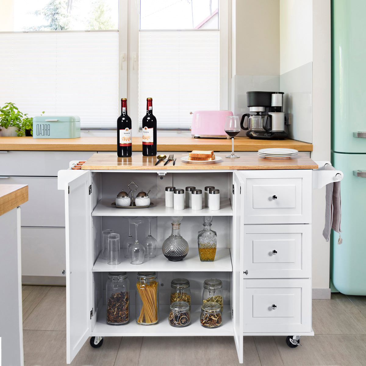 Rullbar – köksvagn med bänkskiva köksö handdukstork och lådor – 136 x 76 x 91 cm – Vit