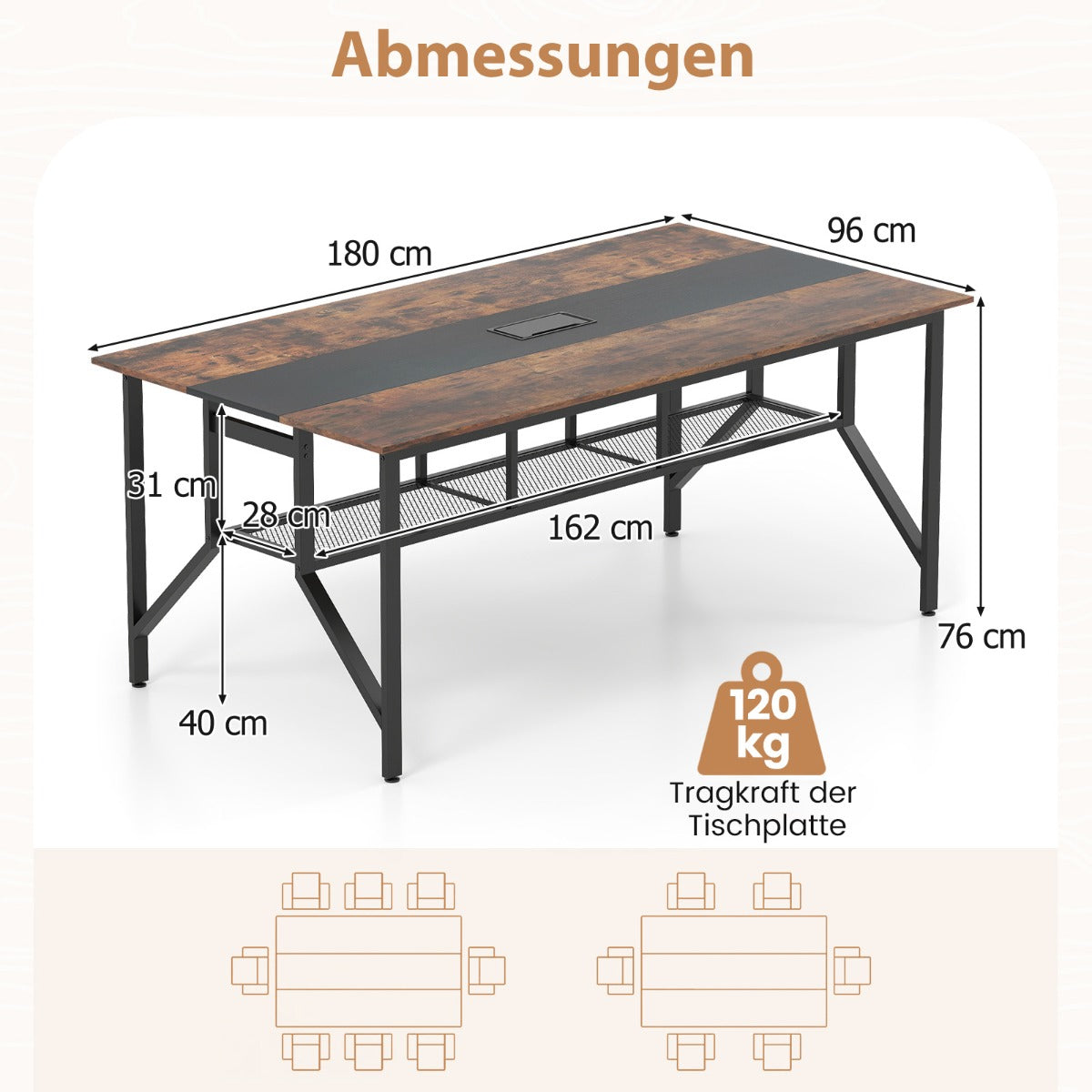 Konferensbord, – rektangulärt mötesbord med förvaringsfack i nät och kabeldragning, rustikt brunt – 180 cm – Rustik brun