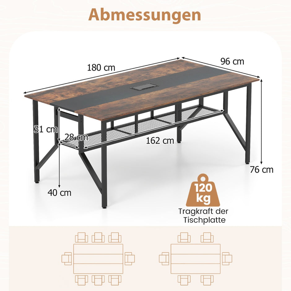 Konferensbord, – rektangulärt mötesbord med förvaringsfack i nät och kabeldragning, rustikt brunt – 180 cm – Rustik brun