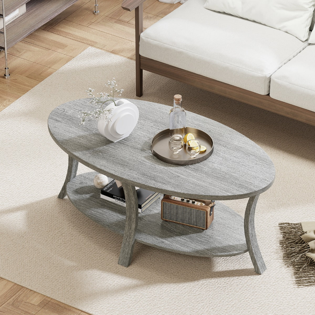 Oval – soffbord med hylla Vardagsrumsbord våningars sidobord Kaffebord – 2 – Grå