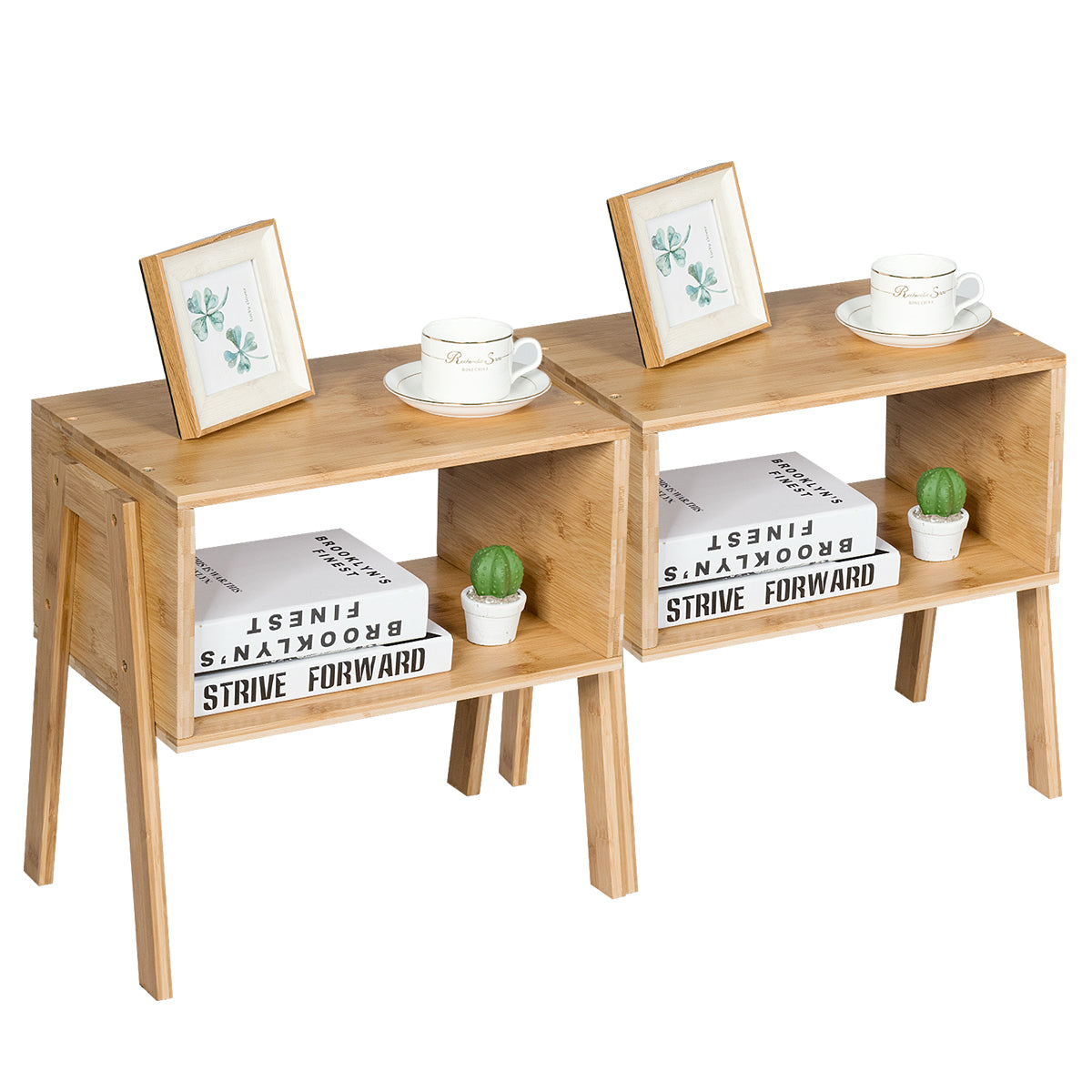 Set – med sängbord stapelbart i bambu nattduksbord öppet fack – 2 – Natur
