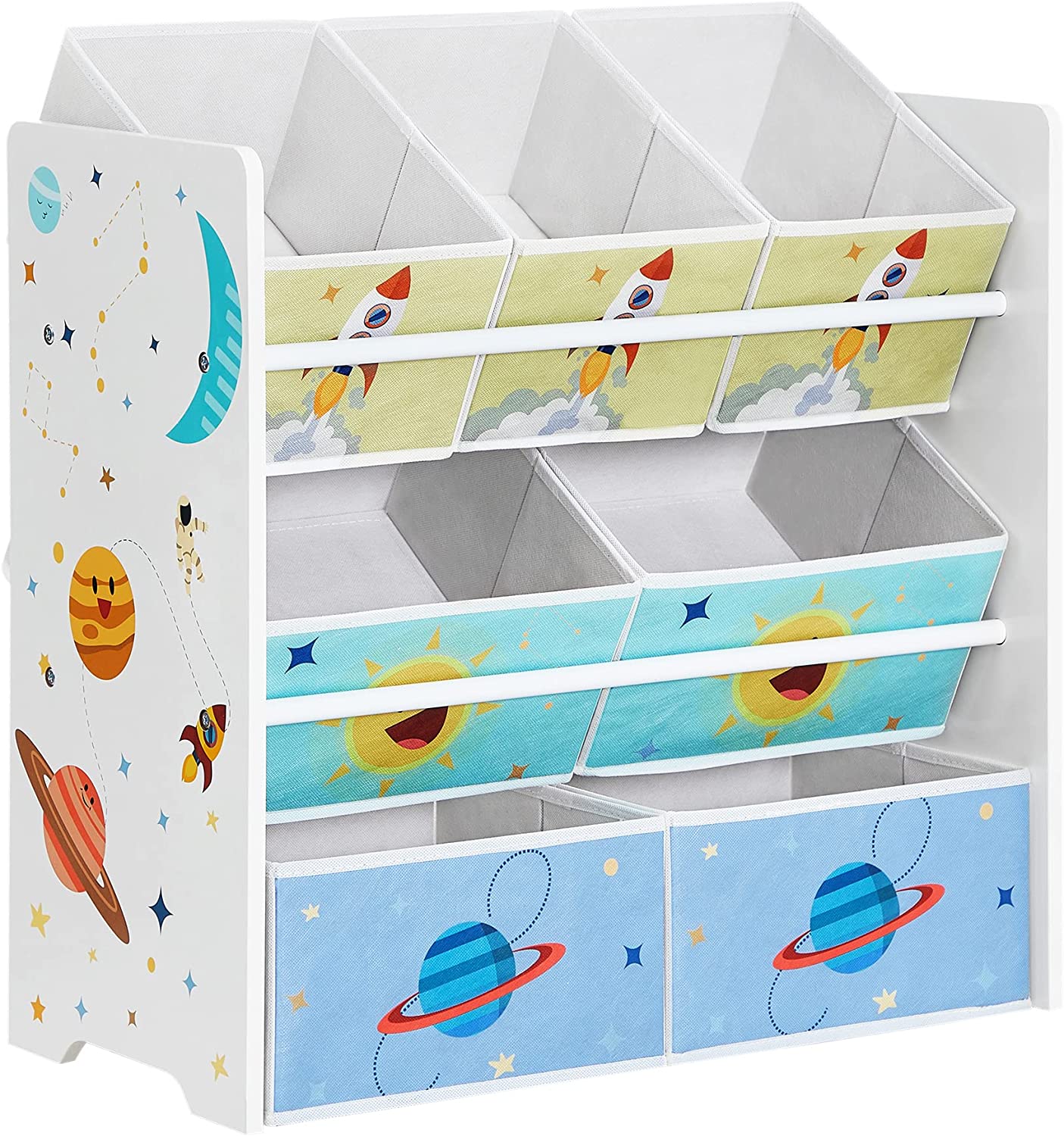 Kindergärtenständer - Spielzeugschrank - mit 7 Aufbewahrungsboxen mit Stoffen - Weiß
