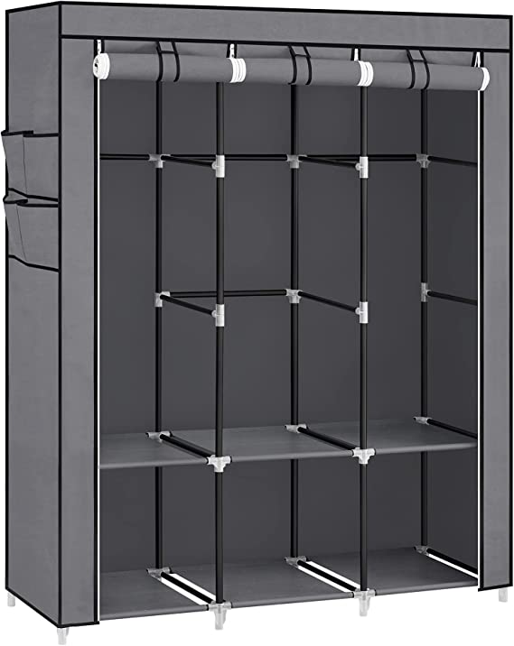 Kleiderschrank - Stoffkoffer - 2 Hangabschnitte - mit Regalen - Grau