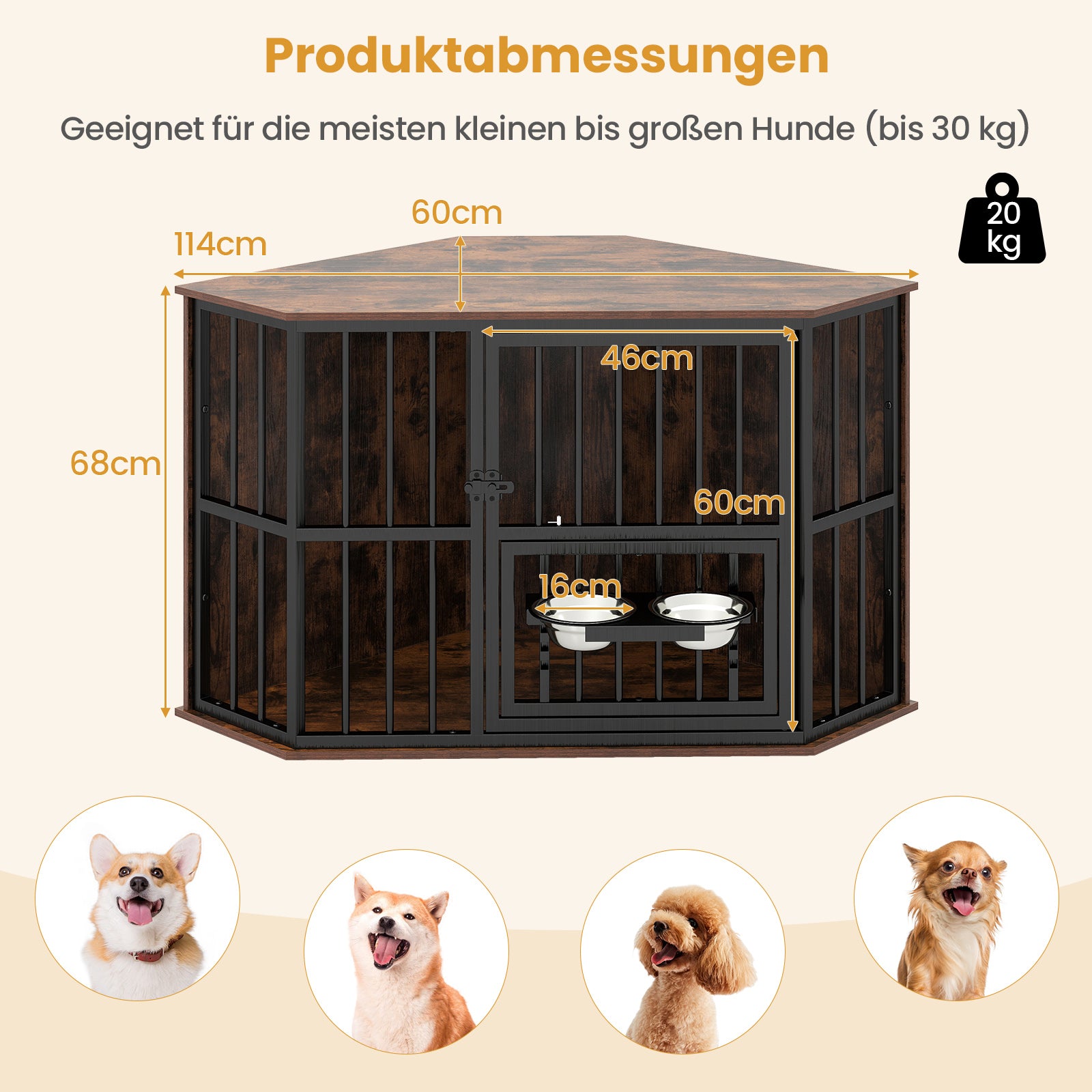 Hörn – hundbur platsbesparande med justerbar matdispenser rostfria skålar – 2 – Brun
