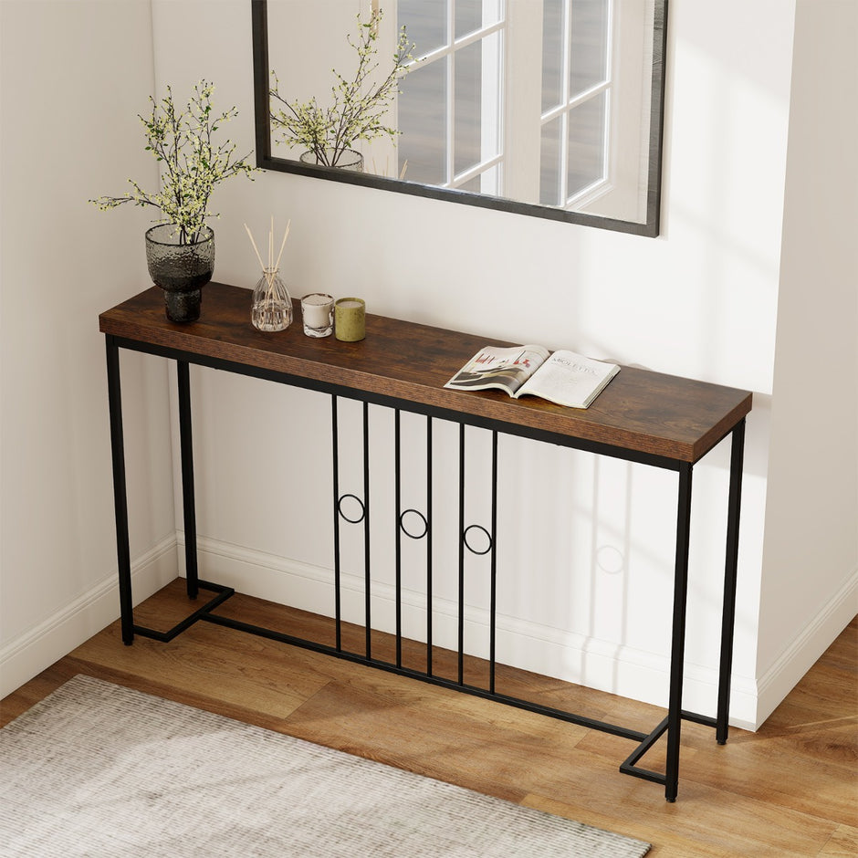 Industriellt – Konsollbord smalt Hallbord med H formad Bas och rymlig Bordsskiva – 140 cm – Brun