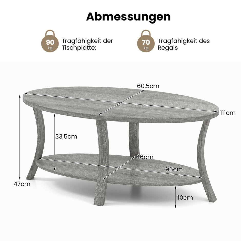 Oval – soffbord med hylla Vardagsrumsbord våningars sidobord Kaffebord – 2 – Grå
