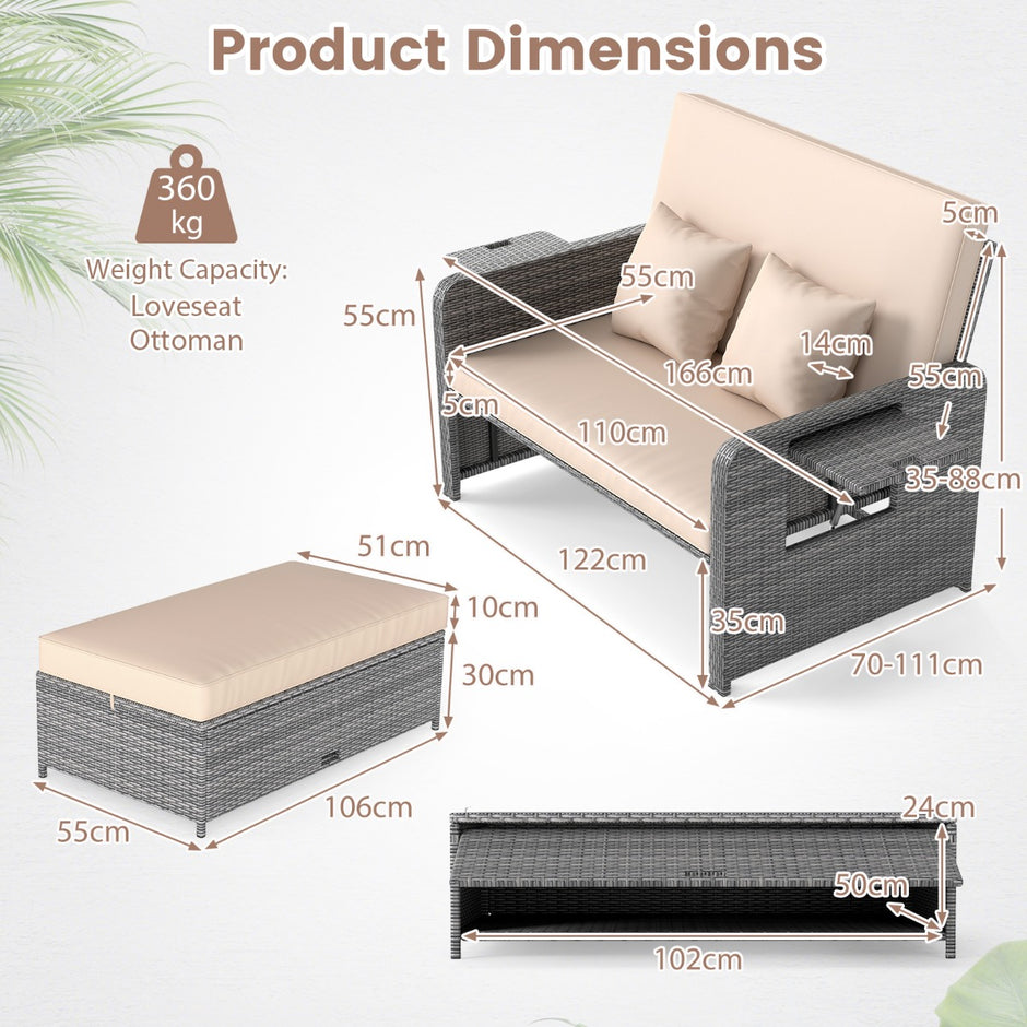 Polyrotting – solstol med justerbar rygg Utfällbart sidobord och loungebädd – Beige
