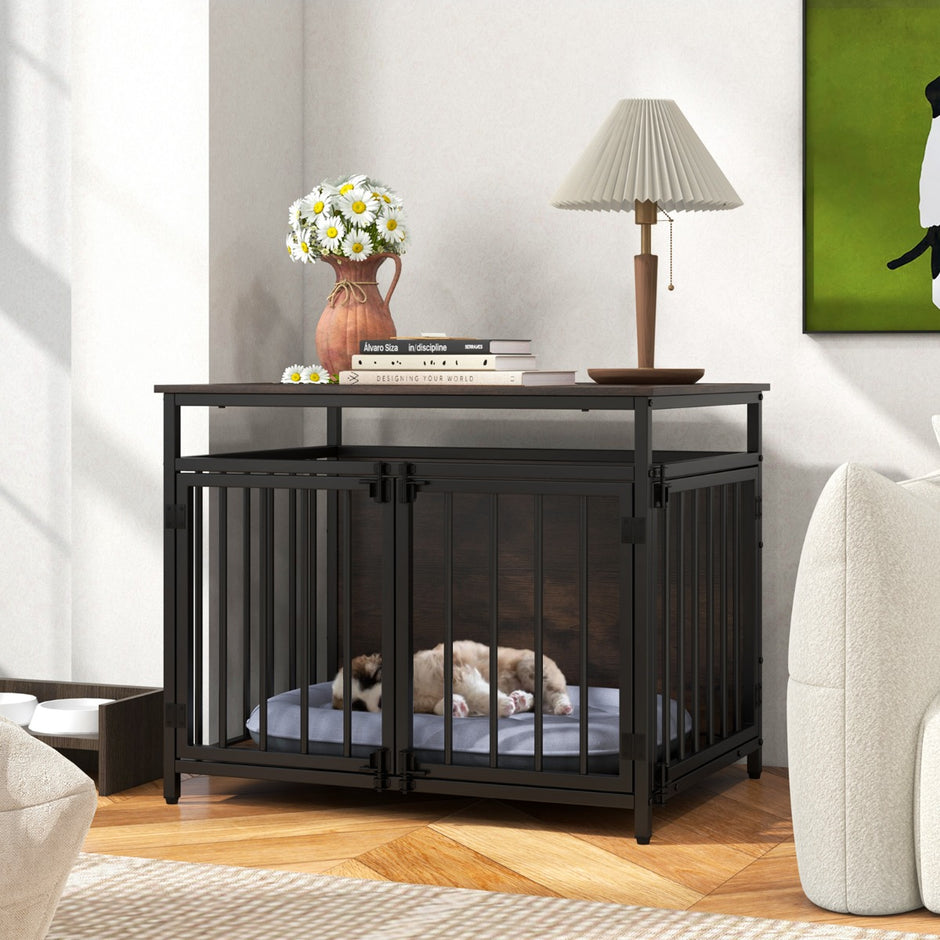 Hundbur – Möbel med dörr Trä Hundlåda Hundgallerbur Sidobord – 3 80 x 60 x 64 cm – Rustik brun