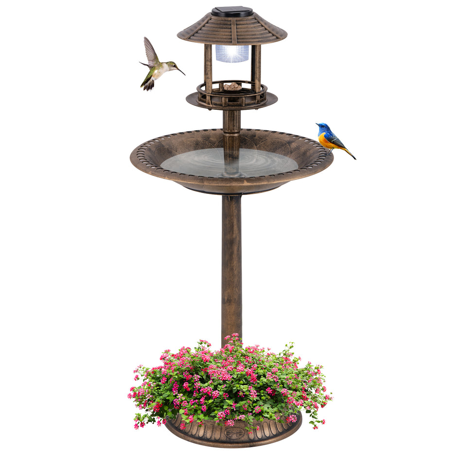 Fågelbad – med solarlampa och blomkruka fågelmatare fågelmatstation mat dispenser – Brons
