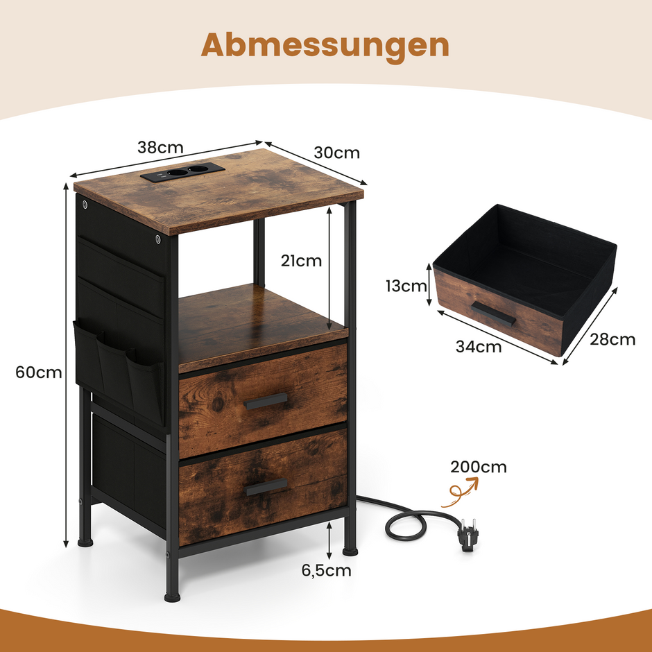 pack – sidobord med laddstation, nattduksbord vikbara tyglådor, sidoförvaringsfickor – 2 2 6 – Rustik brun