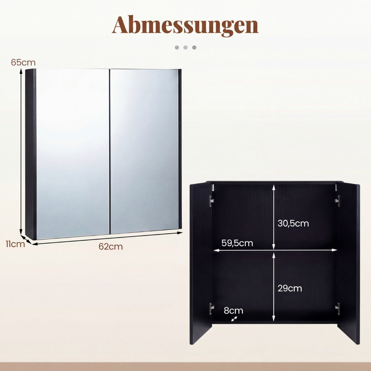Hängande – badrumsskåp med spegeldörrar och hyllor i trä för entré – 62 x 11 x 65 cm – Svart