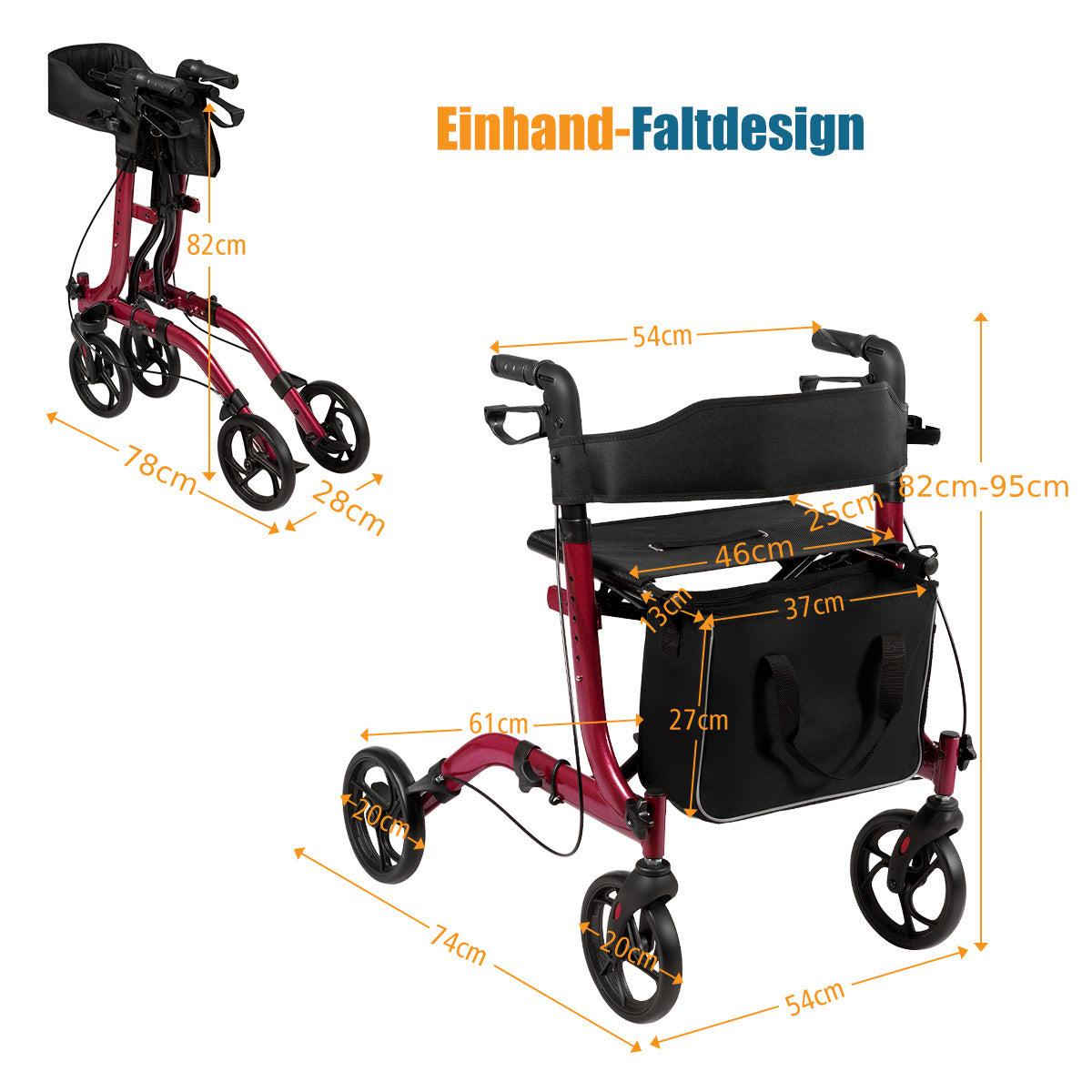 Aluminium – Rollator Fällbar Reserullator Höjdjusterbar – Röd