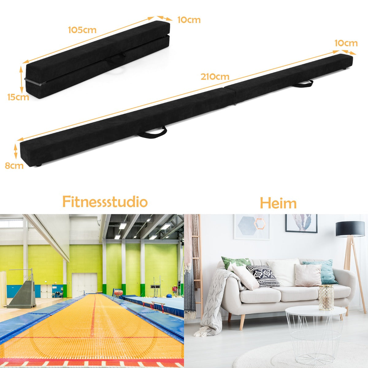 Balansbalk – Gymnastikträning Vikbar Hållbar Fitness – 2,1 m – Svart