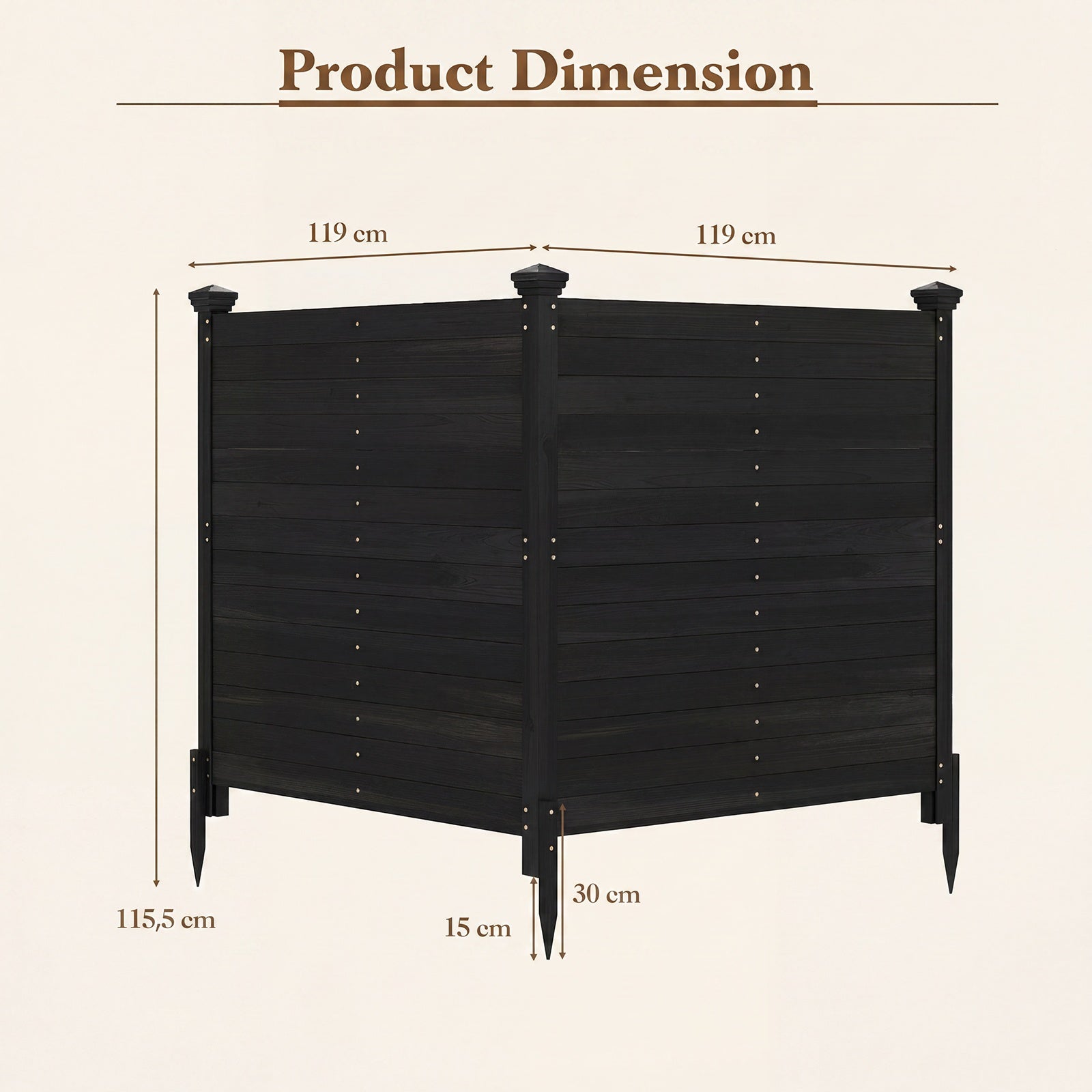 Pack – Tvådelad skyddshäck trädgårdshäck av gran utomhus trähäck med tre stolpar – 2 119 x 119 cm – Svart