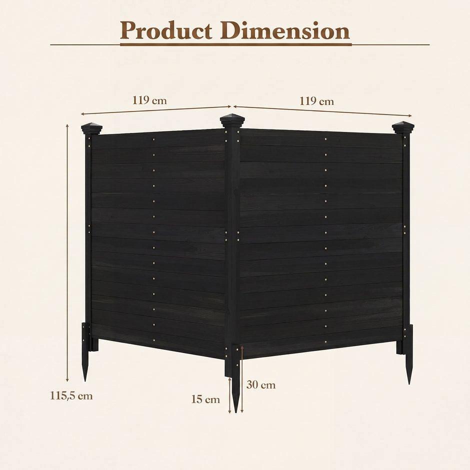 Pack – Tvådelad skyddshäck trädgårdshäck av gran utomhus trähäck med tre stolpar – 2 119 x 119 cm – Svart