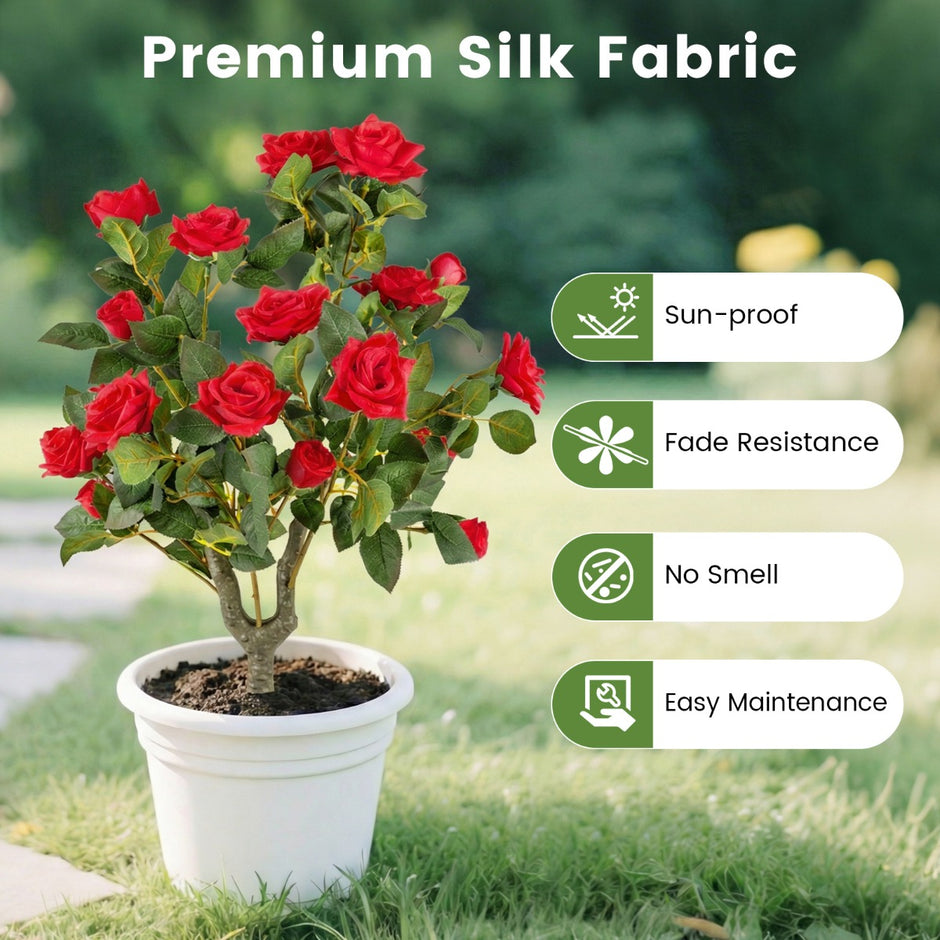 Delnings – Set Konstväxt Rosor Med Jordspets och Ständigt Gröna Blad Stjälkar Silkblommor – 2 – Röd och grön