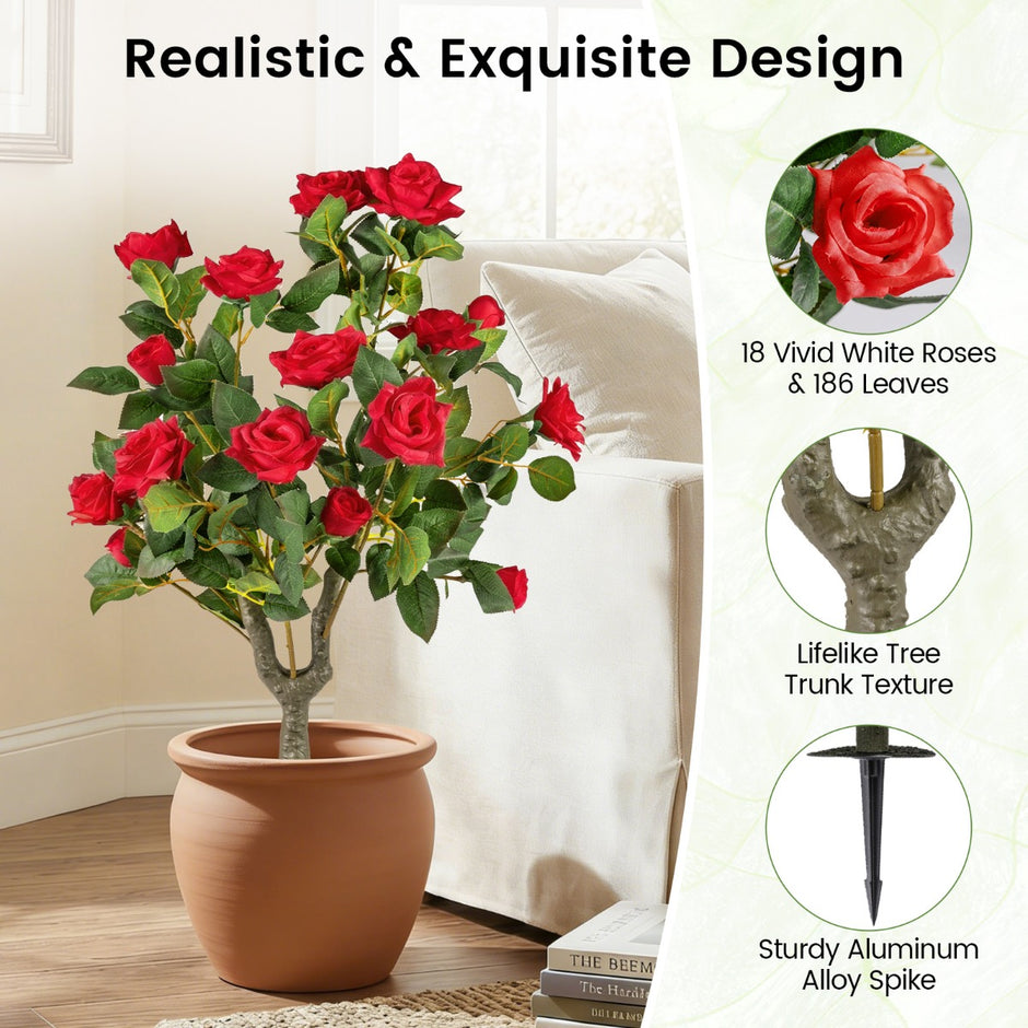 Delnings – Set Konstväxt Rosor Med Jordspets och Ständigt Gröna Blad Stjälkar Silkblommor – 2 – Röd och grön