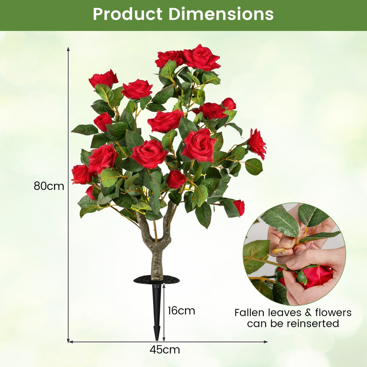 Delnings – Set Konstväxt Rosor Med Jordspets och Ständigt Gröna Blad Stjälkar Silkblommor – 2 – Röd och grön