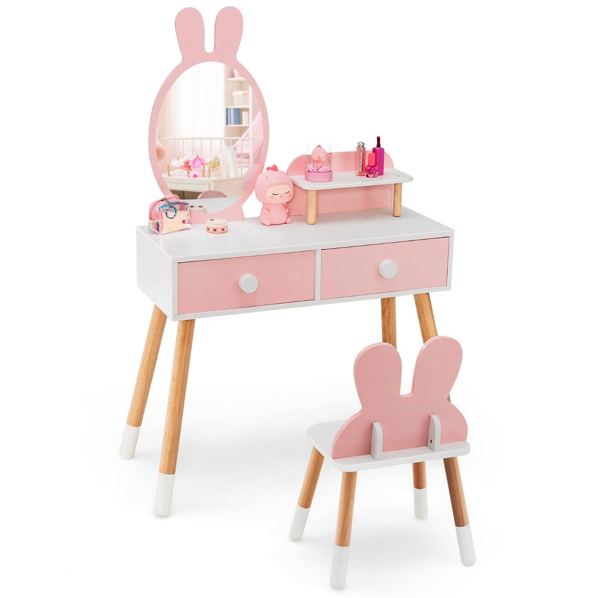 i – sminkbord och stolsset för barn med spegel lådor förvaringshylla – 2 1 2 – Rosa