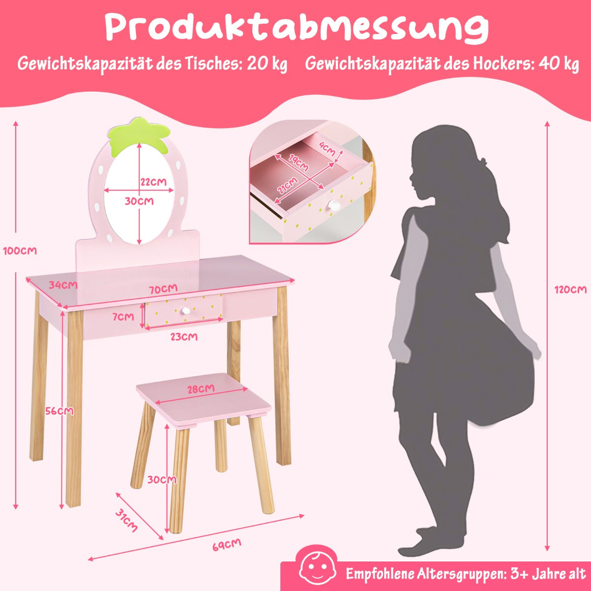 Jordgubbsformat – i sminkset för barn i trä med pall och spegel låda – 2 1 – Rosa