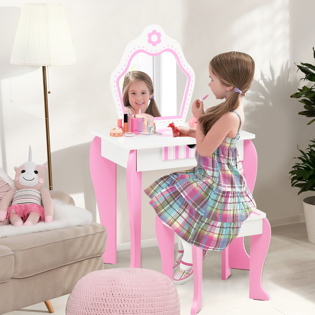 Sminkbord – och pallset för barn med spegel låda – 49 x 34 x 86,5 cm – Rosa
