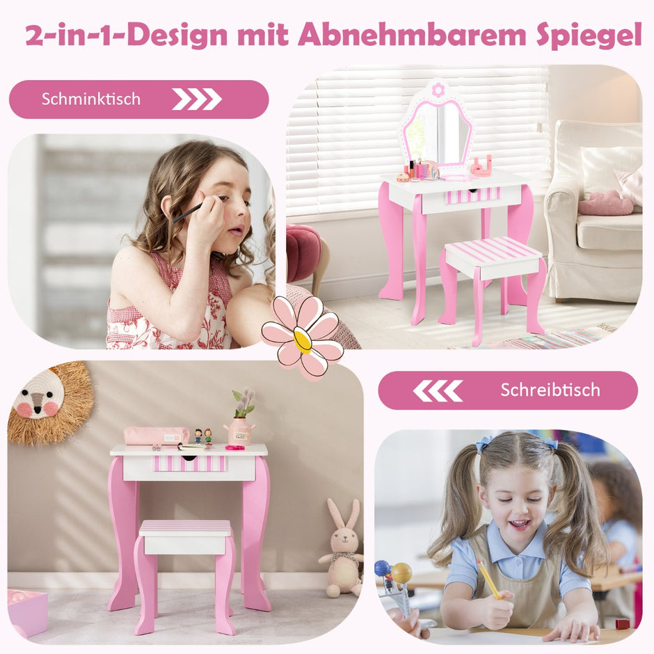 Sminkbord – och pallset för barn med spegel låda – 49 x 34 x 86,5 cm – Rosa