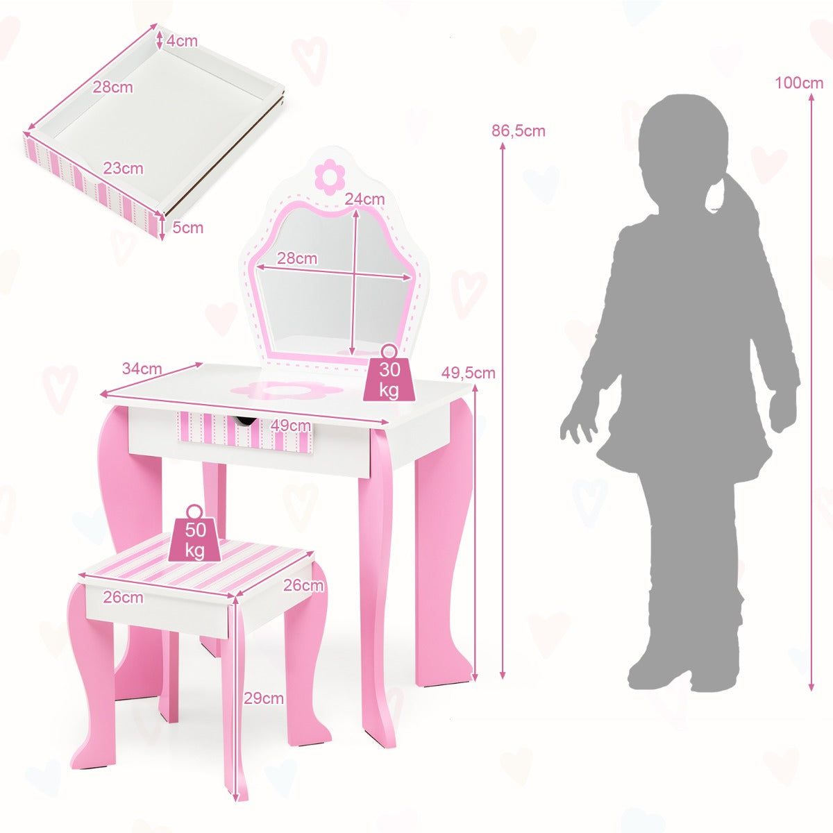 Sminkbord – och pallset för barn med spegel låda – 49 x 34 x 86,5 cm – Rosa