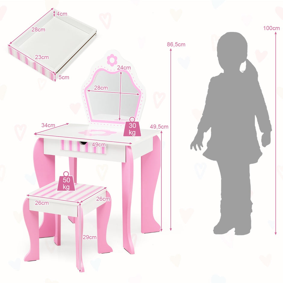 Sminkbord – och pallset för barn med spegel låda – 49 x 34 x 86,5 cm – Rosa