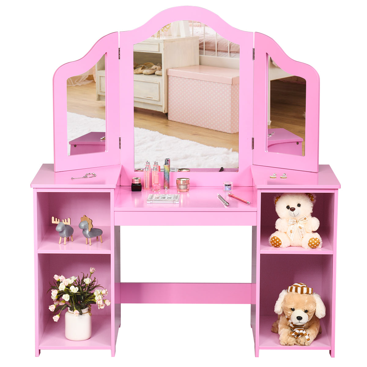 i – sminkbord med avtagbar spegel och öppna fack i trä för barn från år – 2 1 3 – Rosa