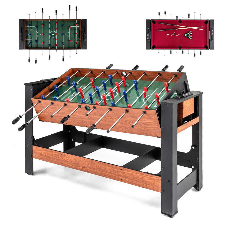 i – roterande spelbord bordsfotboll och biljard kombinationsbord med ben köer triangel borste krita – 2 1 138 x 61 x 84 cm – Brun