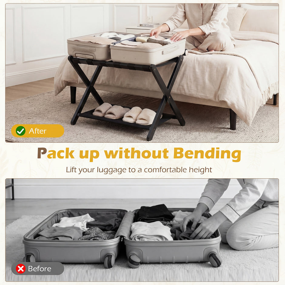 pack – Fällbar resväska ställning av gummiträ med hyllor upp till – 2 2 50 kg 67 x 46 x 52 cm – Svart