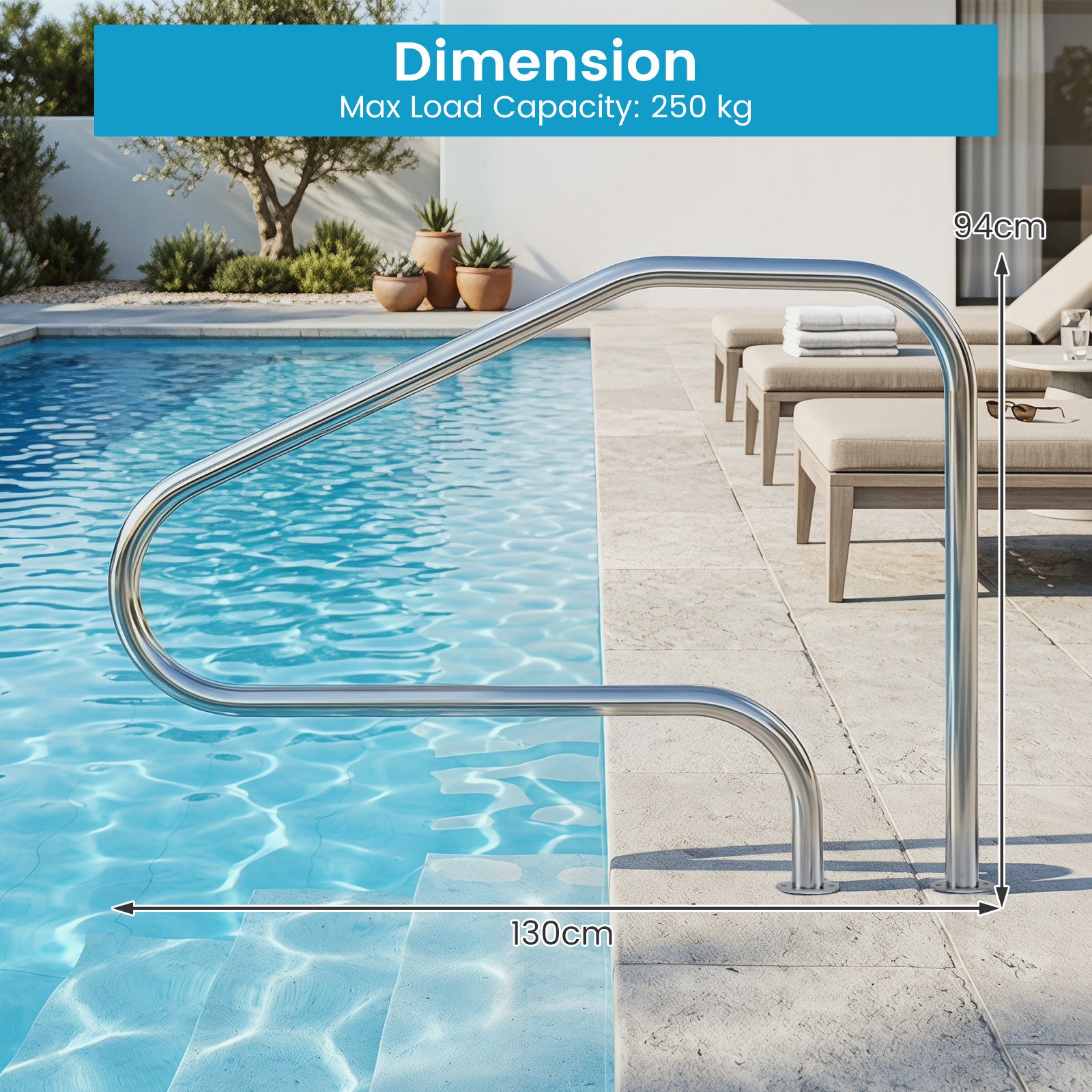 pack – Poolräcke i rostfritt stål för simbassänger Bärkapacitet upp till – 2 130 x 94 cm 180 kg – Silver