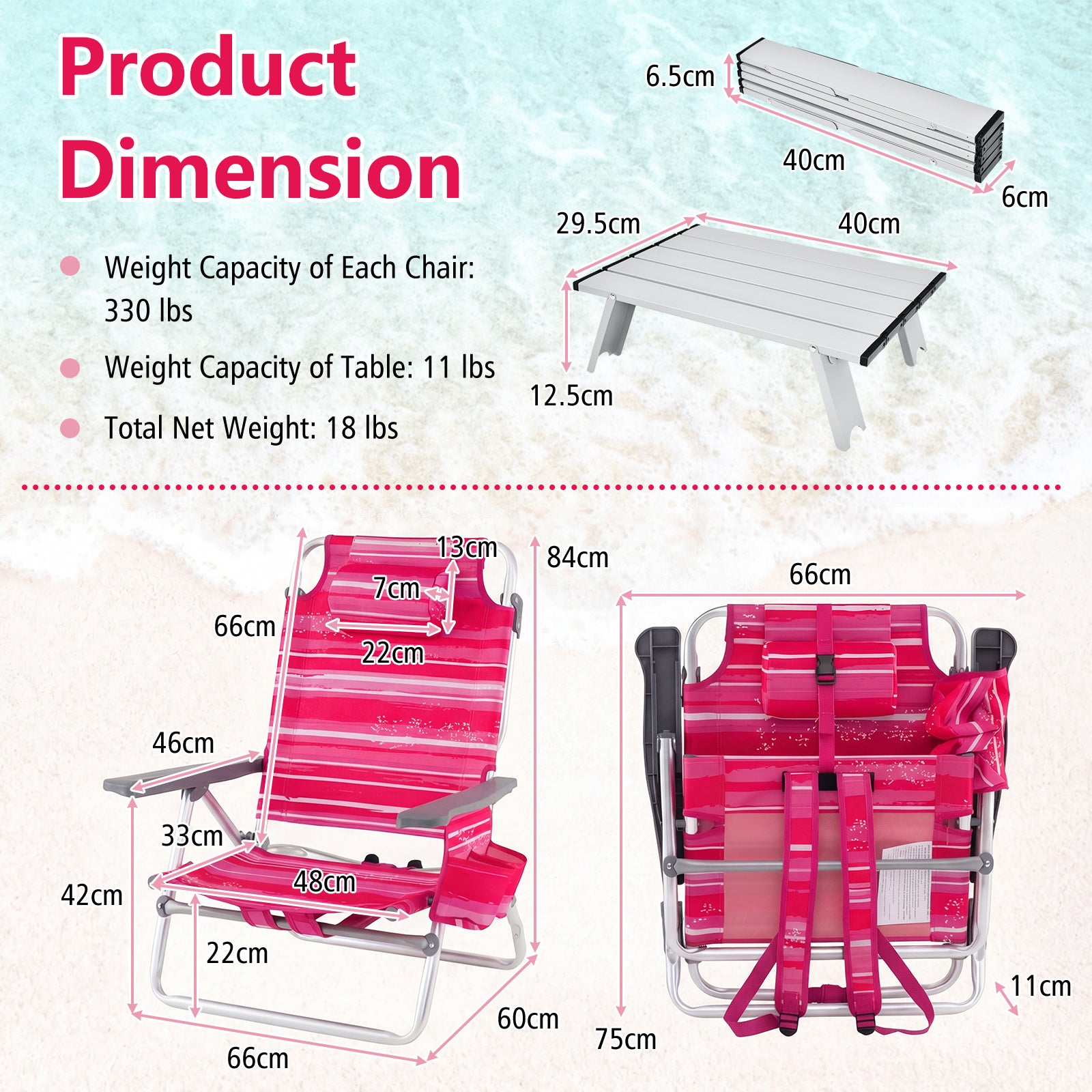 pack – strandstolar med bord, hopfällbara campingstolar justerbart ryggstöd – 2 – Rosa