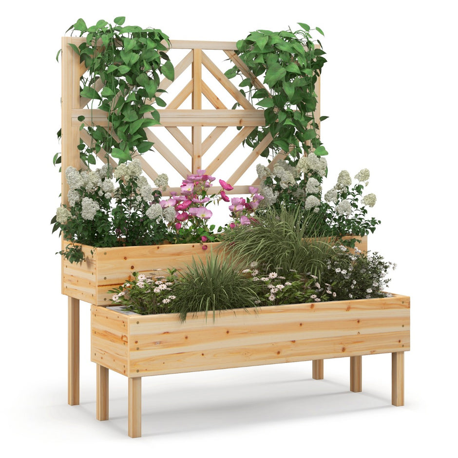 lagers – trädgårdssäng med spaljé trä upphöjd växtlåda ben – 2 109 x 62 x 135 cm – Natur