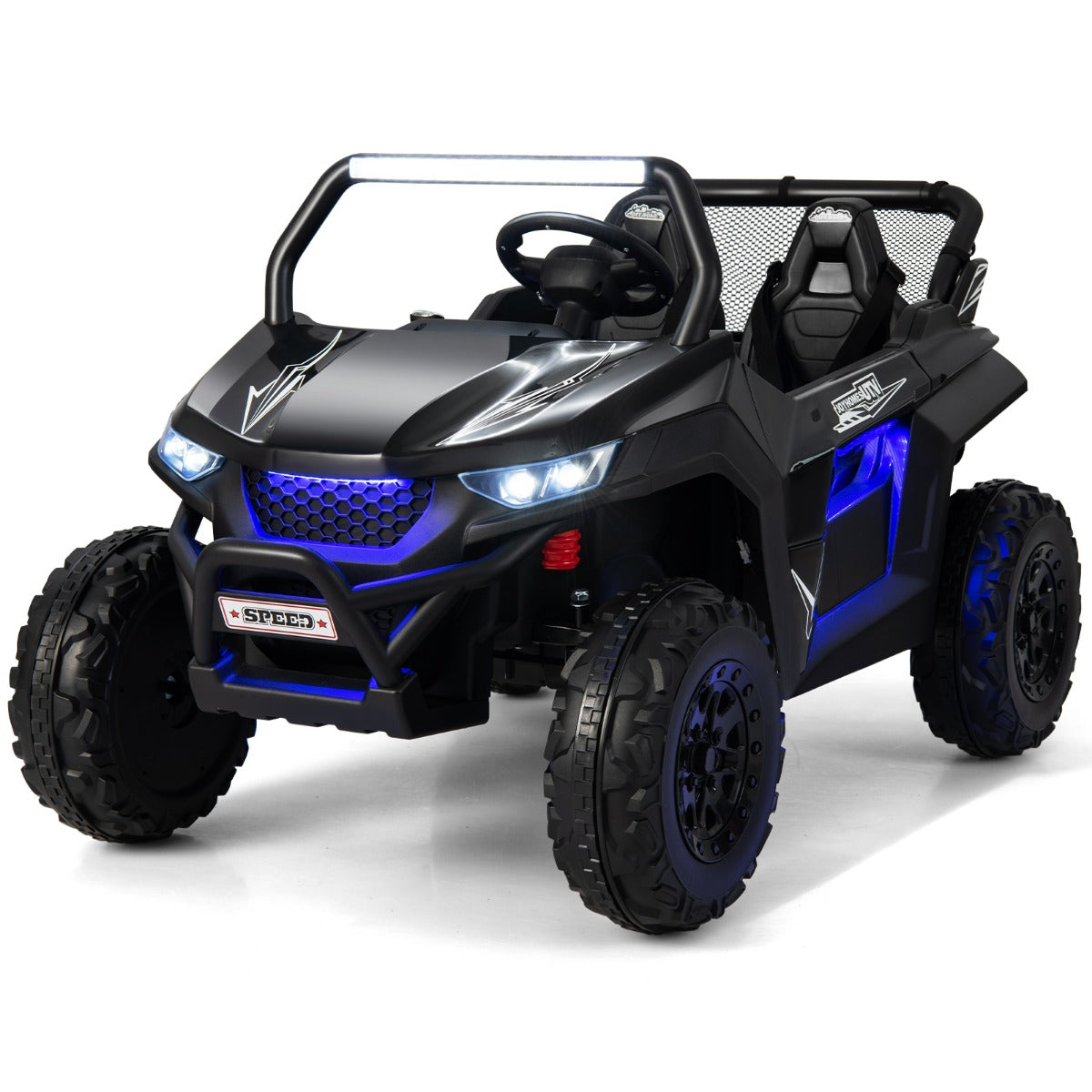 sits – barnbil med 2,4G fjärrkontroll 12V UTV musik och strålkastare – 2 118 x 74 x 71 cm – Svart