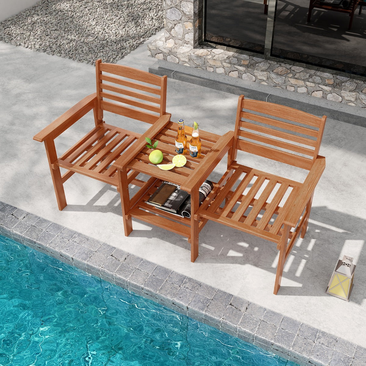 Sittset – i trä med soffbord och paraplyhål Väderbeständig trädgårdsmöbelset för terrassen – Natur