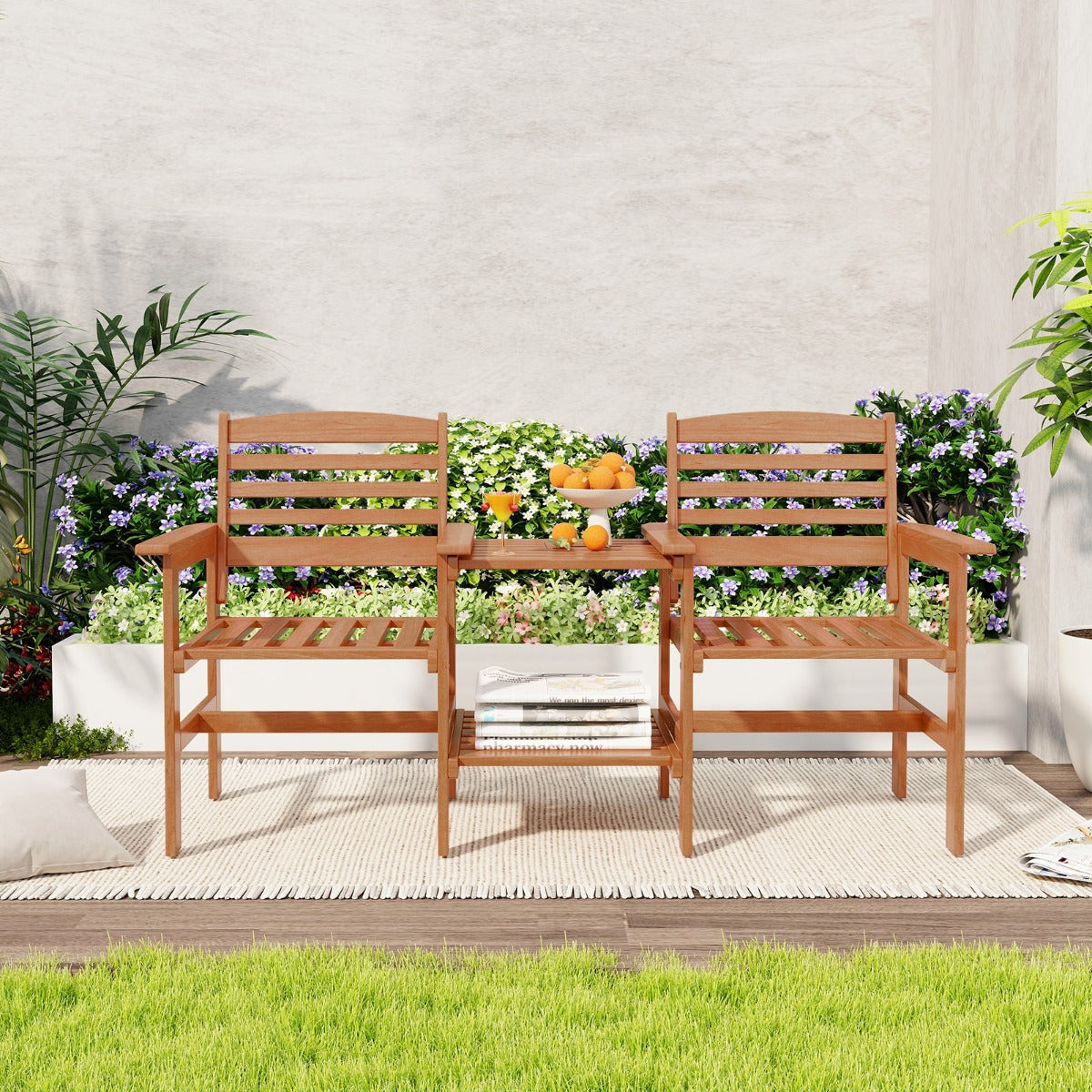 Sittset – i trä med soffbord och paraplyhål Väderbeständig trädgårdsmöbelset för terrassen – Natur