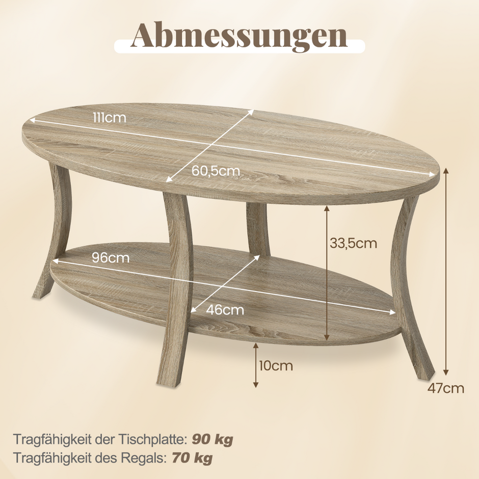 Oval – soffbord med hylla Vardagsrumsbord våningars sidobord Kaffebord – 2 – Ekgrå
