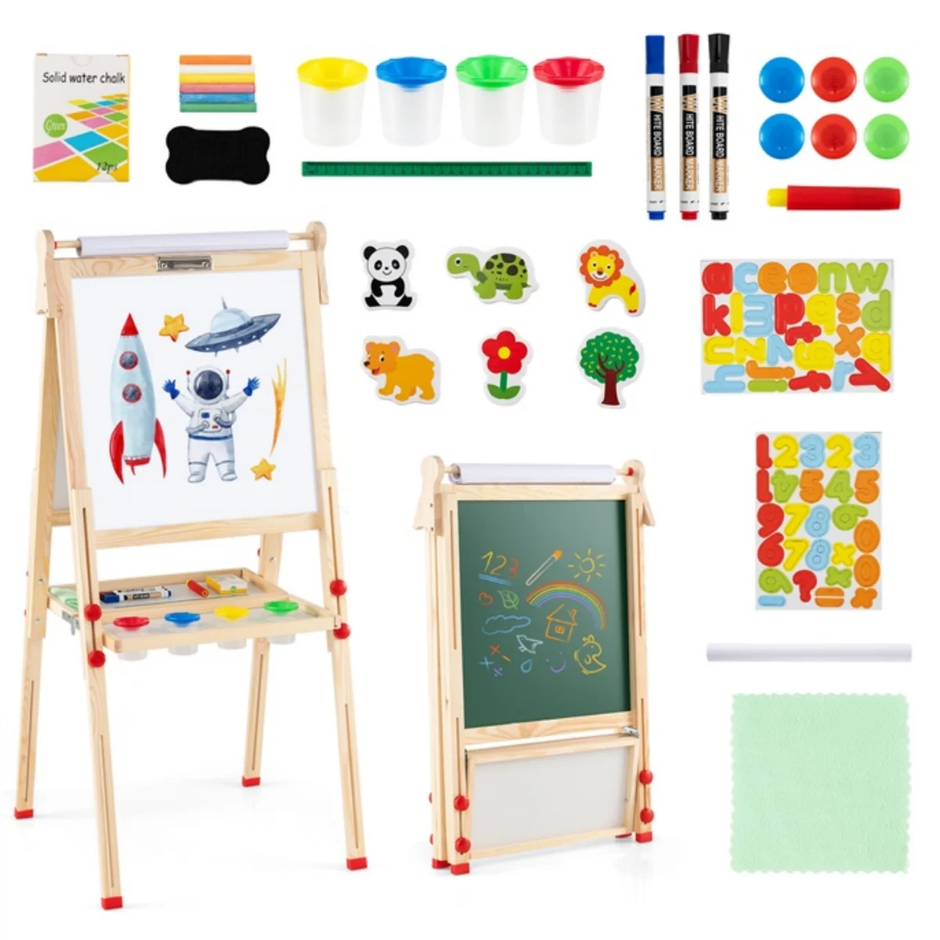Trä – Konststaffli för Barn i ihopfällbar dubbelsidig magnetisk med Whiteboard Tavel – 3 1 – Natur