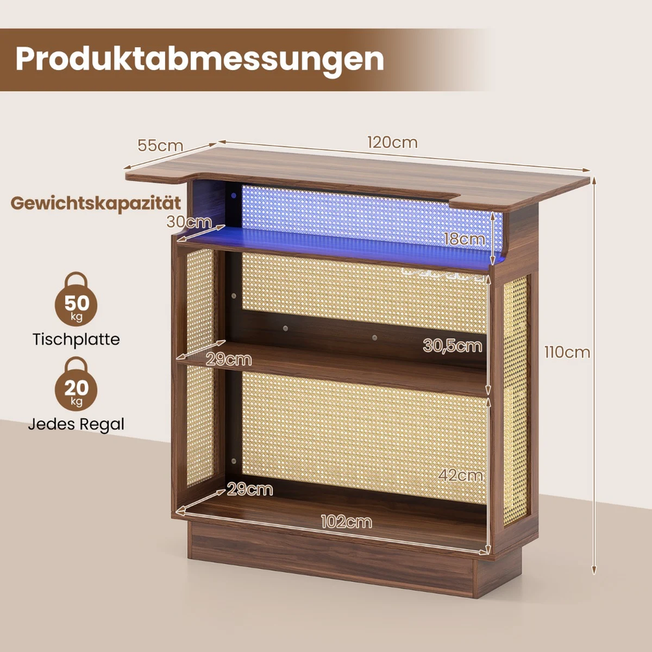 LED rotanbar – med rader glasställ och hyllor Vinkyl RGB belysning – 3 3 – Brun