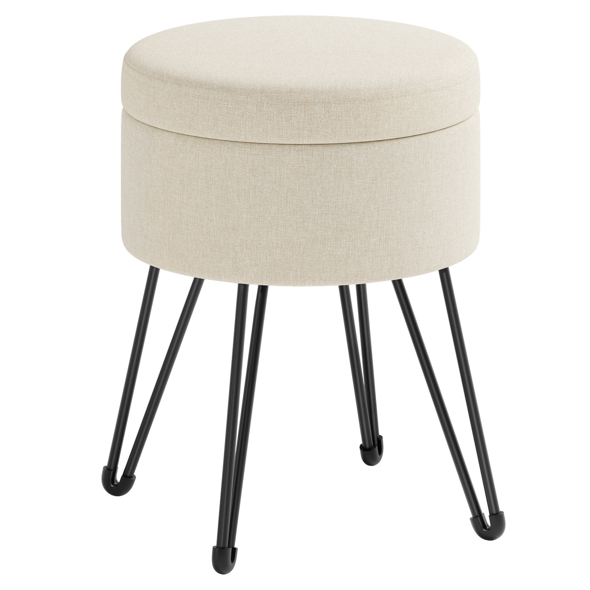 Ronde Poef met Opbergruimte – Linnenlook – 4 Metalen Poten – Ø 39 cm – Crèmewit